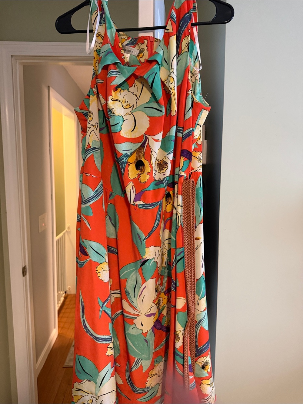 Dress Barn Coral Floral Midi Dress with Teal and Cream Floral Accents